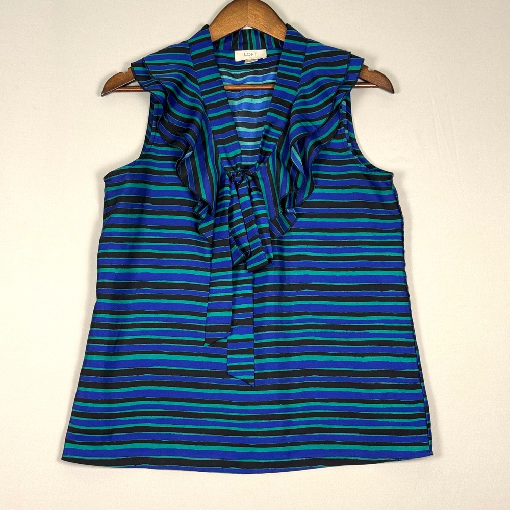 LOFT Sleeveless Blouse Women Small Blue Green Striped NWOT Ruffle Bow Front